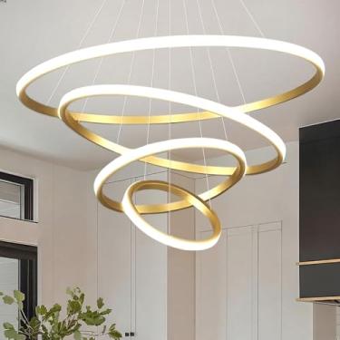 Imagem de Luminária Pendente LED Moderna 4 Anéis 110W, 80cm, Lustres e Luminarias para Sala, Lustre Sala de Jantar, Luminaria de Teto, Lustre Pendente, 3 Cores de Luz (3000K/4000K/6000K), Altura Ajustável