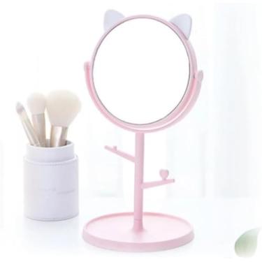Imagem de Espelho de Mesa LED com Orelhas de Gatinho – Iluminação Ajustável, Rotação 360° e Design Fofo | Perfeito para Maquiagem, Skincare e Decoração da Penteadeira (Rosa)