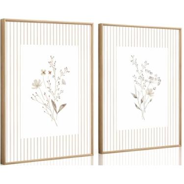Imagem de 2 peças de arte de parede de flores silvestres neutra vintage floral botânica decoração de parede aquarela listrado boho buquê de flores imagens impressões pôsteres para quarto fazenda decoração de