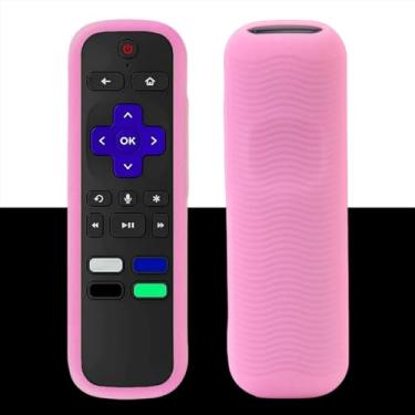 Imagem de Capa para controle remoto compatível com controle remoto Roku TV/Roku Express/Streaming Stick/Premiere, capa de silicone universal para controle remoto Roku Voice com cordão - Rosa brilhante