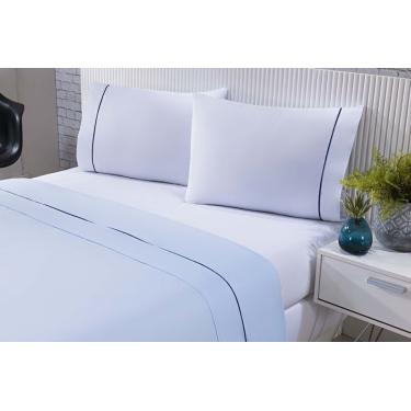 Imagem de Jogo De Cama 100% Algodão Percal 150 Fios Solteiro Gran Moratta 3 Peças - Branco E Azul