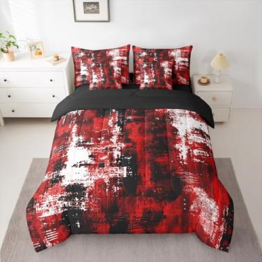 Imagem de Feelyou Conjunto de edredom Queen abstrato com 7 peças, arte abstrata, moderno, preto, vermelho, para decoração de quarto, geométrico, macio e leve em microfibra