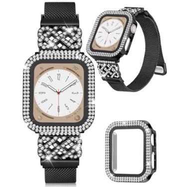Imagem de Pulseira de metal para Apple Watch 41 mm Series 9 8 7 para mulheres com capa de relógio brilhante, elegante pulseira magnética fina para iWatch para meninas, elegante pulseira de aço inoxidável para
