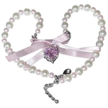 Imagem de Gargantilha com pingente de coração de vidro com pérolas, colar de fita com brilho de zircão, 29 + 6 cm, elegante conjunto em caixa para looks diários ou presentes de dia dos namorados