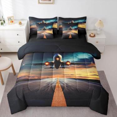 Imagem de Erosebridal Conjunto de cama de casal com 7 peças, avião, 3D, pôr do sol com lençóis, cama de aviação, pista de aviação, nuvens escuras, decoração de quarto