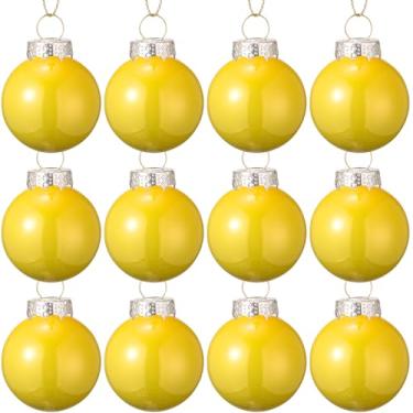 Imagem de 12 peças de enfeites de bola de Natal de vidro amarelo, decorações de árvore de Natal inquebráveis de 4 cm com laço para pendurar e corda, bola decorativa de Natal para decorações de guirlanda de