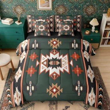 Imagem de Erosebridal Conjunto de edredom queen ocidental com lençol | Conjunto de cama geométrico de 7 peças, casa de fazenda, cama asteca, listras, triângulo, diamante, verde, verde