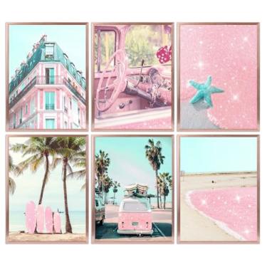 Imagem de 6 peças de arte de parede em tela costeira rosa moda praia prancha de surf decoração de parede fotos carro praia coqueiro verão pôsteres impressões para vista do mar sala de estar quarto arte