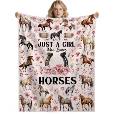 Imagem de Cobertor de cavalo para meninas e mulheres, Just A Girl Who Loves Horses Flanela Presentes Ultra Macio Flores Rosa Decoração para Cama Sofá Sala de Estar, 101.6 cm x 127.0 cm - Tamanho infantil/Throw