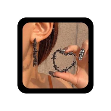 Imagem de Andelaisi Brincos de coração de arame farpado gótico vintage exagerado coração punk espinho escuro malha metal amor coração brincos joias para mulheres e meninas, Zinco, Sem pedra preciosa
