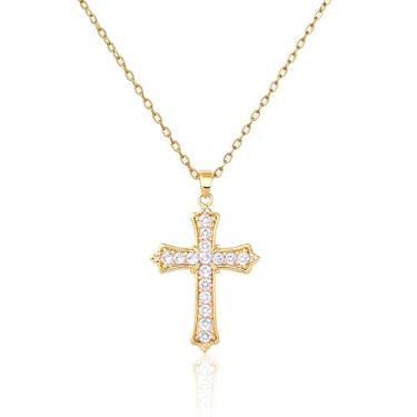 Imagem de Colar feminino delicado banhado a ouro 14 k com pingente de cruz de diamante não manchado moderno Dia de Ação de Graças Cristão Fé Religiosa Joias Presentes, Latão, Zircônia cúbica
