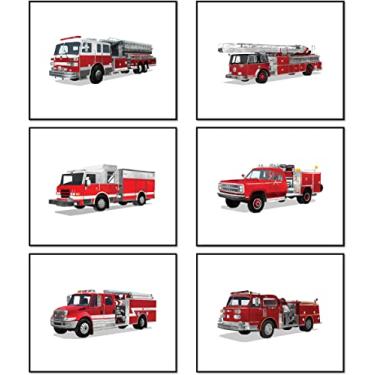 Imagem de Libemz, Impressões de pôsteres de caminhão de bombeiros – conjunto sem moldura de 6 (20 x 25 cm) – decoração de quarto de meninos, pôsteres para quarto de meninos, quarto de crianças, berçário