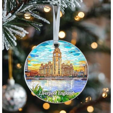 Imagem de Enfeite acrílico de vitral Liverpool Inglaterra - Lembrança com vista para o mar do edifício do fígado real, presente de lembrança de viagem frente e verso para amigos, família, amantes da Inglaterra