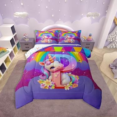 Imagem de Erosebridal Conjunto de edredom de unicórnio, arco-íris, tamanho solteiro, para crianças, meninas, letra P, monograma, estampa kawaii, unicórnio, floral, estrelas, colcha com 1 fronha