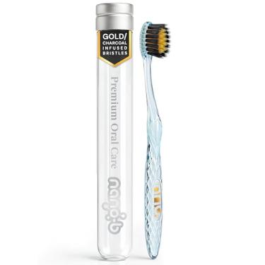 Imagem de nano-B Escova de dentes manual antibacteriana 【Carvão dourado e bambu】 Cabo azul - cabeça profissional, cerdas médias macias - contra sangramento, gengiva de dentes sensíveis - remoção de placa de limpeza profunda - estojo de viagem