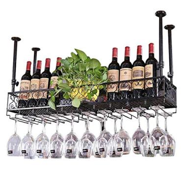 Imagem de Prateleiras de vinho de teto de metal | Suporte de copo de vinho suspenso | Suporte de garrafa de vinho vintage | Suporte de armazenamento de taças rústicas | Haste de altura ajustável no teto