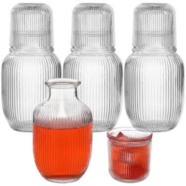 Imagem de Conjunto de 4 garrafas de água de cabeceira com copo, jarro de água de vidro vintage de 575 g com copo, textura europeia em relevo, decantador de enxaguante bucal, jarro de água para cabeceira, casa