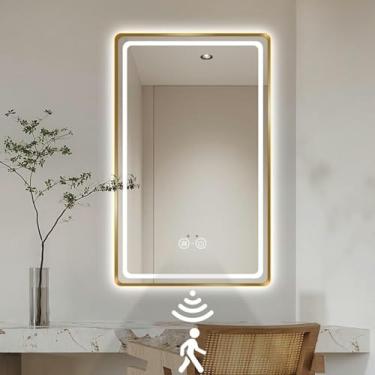 Imagem de FYLFANYAN Espelho LED com moldura dourada para banheiro, espelho digital inteligente com sensor de luz, penteadeira com antivano luminoso, ajustável, espelho de parede com frente e verso ~/