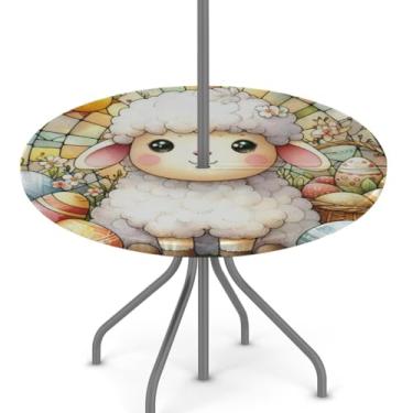 Imagem de hongjinglin Toalha de mesa de Páscoa para uso ao ar livre com orifício para guarda-chuva, toalha de mesa redonda elástica com zíper, impermeável, limpável, para piquenique, festa, pátio, serve para