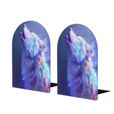 Imagem de Lobo colorido animal grande suporte de livros de madeira decorativo antiderrapante resistente terminais de livros para escritório mesa de escritório casa biblioteca escola estudo decoração divisórias