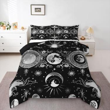 Imagem de jejeloiu Conjunto de cama macio para meninos e meninas, galáxia, tamanho queen, boêmio, exótico, edredom de microfibra, astrologia, espaço, decoração de quarto, 3 peças com 2 fronhas