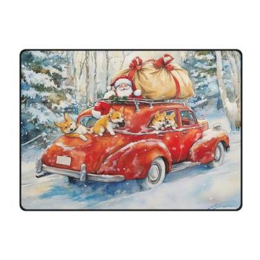 Imagem de Blueangle Tapetes de Natal laváveis de 10 x 13 cm para sala de estar - Tapete ultramacio antiderrapante resistente a manchas com estampa de carro vermelho vintage, decoração de férias para quarto e