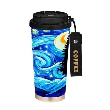 Imagem de SEHANY Caneca de café Starry Starry Night Travel de 500 ml com revestimento de cerâmica e tampa à prova de vazamento, parede dupla, isolada a vácuo, copo de aço inoxidável para bebidas quentes e frias