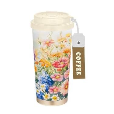 Imagem de SEHANY Caneca de viagem colorida de ervas silvestres de 500 ml Copos de café reutilizáveis revestidos de cerâmica com tampa à prova de vazamento, parede dupla, isolamento a vácuo, copo de café de aço