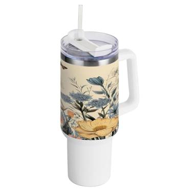 Imagem de xigua Copo vintage de flores silvestres de 1,134 g com alça e canudo, aço inoxidável duplo isolado a vácuo garrafa de água suporte de copo de garrafa de água amigável à prova de vazamento copo de