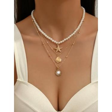 Imagem de Colar de contas em camadas com tema oceano, 3 estilos de pérolas, contas de semente e contas de vidro para mulheres, joias Boho para uso diário e férias, One Size, Metal Plástico, Sem Pedra Preciosa