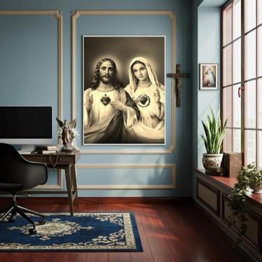 Imagem de Quadro Jesus Símbolo De Amor E Maria De Pureza P&B - 70X50Cm - Quadros