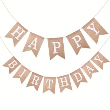 Imagem de 1 par de faixa de juta feliz aniversário andorinha letras brancas design rústico 13 peças 5 m decoração de festa para aniversário de casamento interno e externo, 5 m