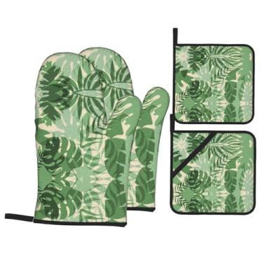 Imagem de Plantas em cascata - Conjunto de luvas de cozinha estampadas com suportes de tampa, luvas de forno resistentes ao calor para manusear panelas quentes, grelhar, churrascos, kit de 4 peças.
