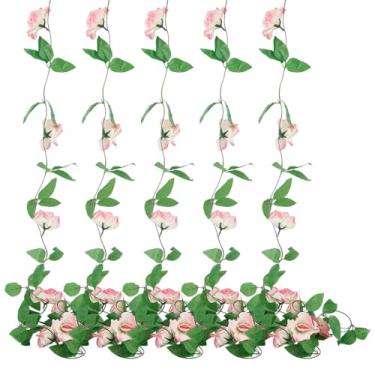 Imagem de WADORN 6 peças, guirlanda de flores falsas de videira de rosa artificial, 11,8 m, guirlanda floral sintética para pendurar vegetação hera falsa rosa de seda plantas para quarto, casa, hotel, festa de