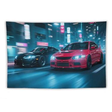 Imagem de HouLaiZhe JDM Tapeçaria de carro Jdm Carro Sup Vs Lancer Corrida Noite Neon Wall Hanging Quarto Decoração de Casa Tapeçarias Estética Piquenique Decoração de Parede Arte de Parede para Dormitório Sala