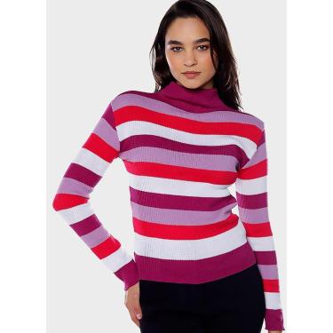 Imagem de Blusa de Tricot Listrada Gola Alta Sob Rosa e tamanho:P;cor:-Feminino