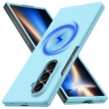Imagem de JUMIUSTNB Capa magnética para Galaxy Z Fold 7, compatível com carregamento sem fio, fina, anti-amarela, rígida, capa protetora de policarbonato para Galaxy Z Fold 7, azul claro (13-89)