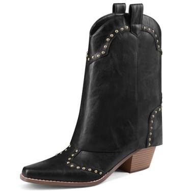Imagem de RONILURN Botas femininas de caubói cravejadas estilo caubói tipo tubarão dobra cano médio cano curto vaqueira despojada com salto grosso em couro vegano, botas para festivais, Preto, 40