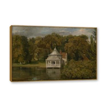 Imagem de Moldura de teca. Arte em tela romantismo estilo constável, (sem título 49), pintura de paisagem inglesa emoldurada, decoração de parede elegante para sala de estar escritório. 60 x 90 cm - 23,7 x 35,5