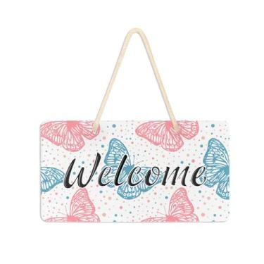 Imagem de Burbuja Placa de boas-vindas de borboletas em cores suaves para porta da frente, placa de boas-vindas de PVC para pendurar na parede varanda casa de fazenda, decoração de feriados, 15 x 28 cm