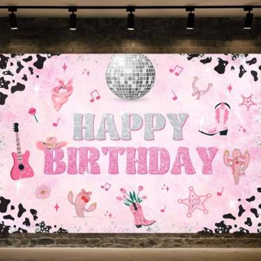 Imagem de 2,8 x 1,5 m Disco Cowgirl Pano de fundo rosa com estampa de vaca do oeste selvagem ocidental rosa choque para botas para meninas, mulheres, decorações de festa de aniversário, banner, adereços de
