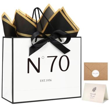 Imagem de KeerxunBag Kit de celebração do 70º aniversário – bolsa de presente, com alças, inclui cartão, envelope, adesivos, fita de laço e papel de seda (tema EST. 1956)