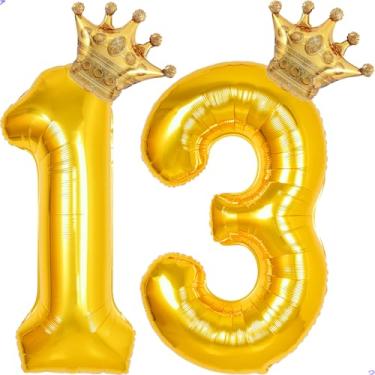Imagem de 13 balões com números dourados de 101,6 cm para decorações de aniversário de 13 anos para meninas e meninos, balões gigantes de 13 anos de Mylar