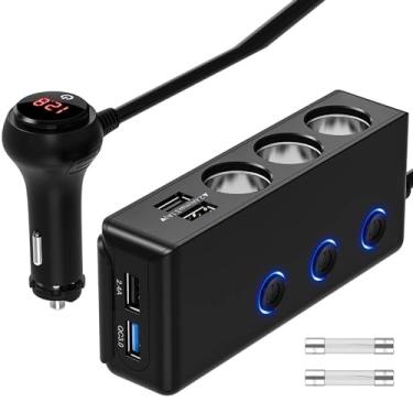 Imagem de KIMISS Carregadores de Carro 120W QC3.0 Adaptador de Carregamento Rápido 3 Soquetes Divisor de Energia Com 4 Portas USB Display de Tensão Interruptor Liga-desliga para Carro Caminhão