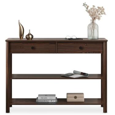 Imagem de IDIMEX Mesa Aparador Rustico Madeira para Sala 2 gavetas e 2 prateleiras Funcional cor Imbuia 110 cm Apoana