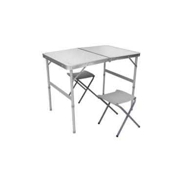 Imagem de Mesa Dobrável Tipo Maleta com 2 Banquetas, Alumínio e MDF Aluminizado, Branca, 90x60x70 cm, Portátil para Camping e Piquenique