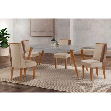 Imagem de Sala Jantar Mesa Havana Tampo c/ Vidro Curvo 120cm+4 Cadeiras Tilia Madeira Naturale/Off White - Capuccino/Suede Creme - Rufato