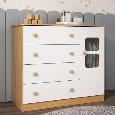 Imagem de Cômoda Infantil 95cm 1 Porta Com Vidro E 4 Gavetas Brisa Multimóveis MP4428 Madeirado/branco