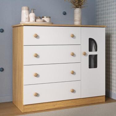 Imagem de Cômoda Infantil 95cm 1 Porta Com Vidro E 4 Gavetas Amora Multimóveis MP4510 Madeirado/branco