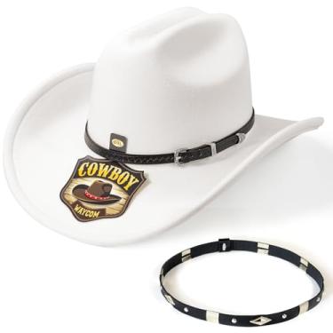 Imagem de WAYCOM Chapéu de cowboy branco para mulheres: aba extra larga para vaqueira - 2 faixas decorativas para homens e mulheres - chapéus de feltro para Halloween/domingo/festa/festival